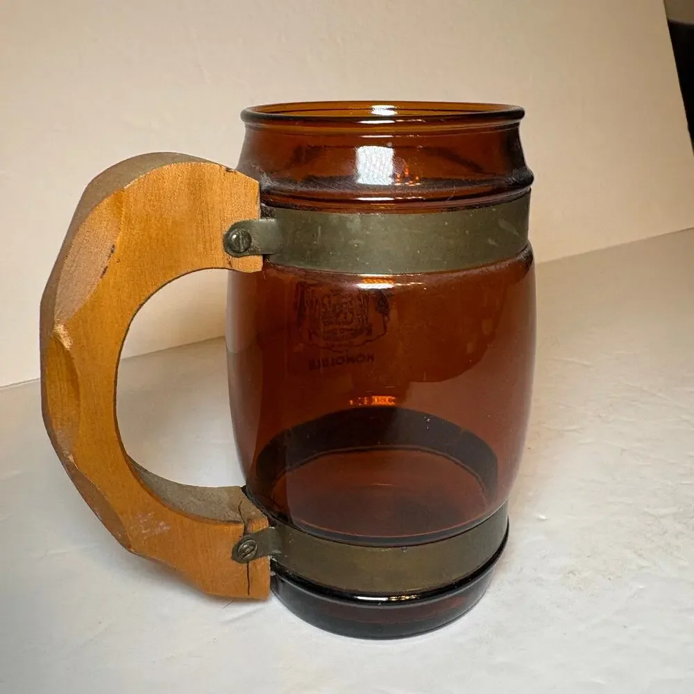 Vintage Honolulu Souvenir Brown Glass Barrel Mug Wood Handle